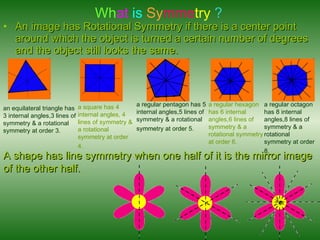 An image has Rotational Symmetry if there is a center point around which the object is turned a certain number of degrees and the object still looks the same. Wh at   is   Sy mme try   ? an equilateral triangle has 3 internal angles,3 lines of symmetry & a rotational symmetry at order 3.    a square has 4 internal angles, 4 lines of symmetry & a rotational symmetry at order 4.     a regular pentagon has 5 internal angles,5 lines of symmetry & a rotational symmetry at order 5.     a regular hexagon has 6 internal angles,6 lines of symmetry & a rotational symmetry at order 6.    a regular octagon has 8 internal angles,8 lines of symmetry & a rotational symmetry at order 8.    A shape has line symmetry when one half of it is the mirror image of the other half. 