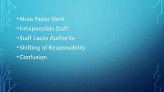 •More Paper Work
•Irresponsible Staff
•Staff Lacks Authority
•Shifting of Responcibility
•Confusion
 