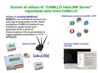 Scenari di utilizzo di “CAMILLO InterLINK Server”
             capostipite della linea CAMILLO
                                         WebBrowser su Internet InterLINK – HTTP
Utilizzo in modalità MANUALE
REMOTA, non richiede di scrivere una
sola riga di programma su PC, basta
configurare CAMILLO tramite la sua
interfaccia utente locale con i
parametri di I/O e quelli di
Comunicazione che ne permettano la
raggiungibilità tramite Router (ADSL o
GPRS/G3)

               Ethernet TCP/IP             Terminale TELNET su Internet
                                           InterLINK
 