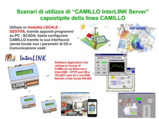 Scenari di utilizzo di “CAMILLO InterLINK Server”
             capostipite della linea CAMILLO
Utilizzo in modalità LOCALE -
GESTITA, tramite appositi programmi
su PC - SCADA, basta configurare
CAMILLO tramite la sua interfaccia
utente locale con i parametri di I/O e
Comunicazione usati


                          Software Applicativo che
                          utilizza le risorse di
                          CAMILLO via Ethernet e
                          InterLINK - HTTP port 80 o
                          TELNET port 23 o via USB-
                          Seriale o rete locale RS-485
 