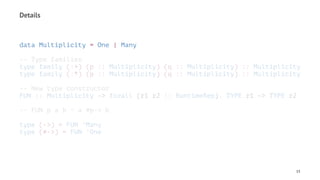 Details
data Multiplicity = One | Many
-- Type families
type family (:+) (p :: Multiplicity) (q :: Multiplicity) :: Multiplicity
type family (:*) (p :: Multiplicity) (q :: Multiplicity) :: Multiplicity
-- New type constructor
FUN :: Multiplicity -> forall (r1 r2 :: RuntimeRep). TYPE r1 -> TYPE r2
-- FUN p a b ~ a #p-> b
type (->) = FUN 'Many
type (#->) = FUN 'One
15
 