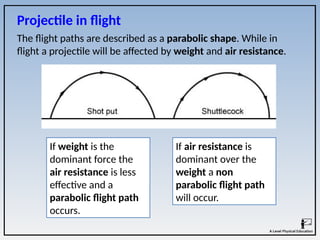The flight paths are described as a parabolic shape. While in
flight a projectile will be affected by weight and air resistance.
If weight is the
dominant force the
air resistance is less
effective and a
parabolic flight path
occurs.
Projectile in flight
If air resistance is
dominant over the
weight a non
parabolic flight path
will occur.
 