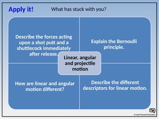 Describe the forces acting
upon a shot putt and a
shuttlecock immediately
after release.
Explain the Bernoulli
principle.
How are linear and angular
motion different?
Describe the different
descriptors for linear motion.
Linear, angular
and projectile
motion
Apply it! What has stuck with you?
 