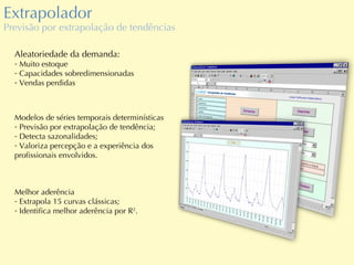 Extrapolador Previsão por extrapolação de tendências Aleatoriedade da demanda: Muito estoque Capacidades sobredimensionadas Vendas perdidas Modelos de séries temporais determinísticas Previsão por extrapolação de tendência; Detecta sazonalidades; Valoriza percepção e a experiência dos profissionais envolvidos. Melhor aderência Extrapola 15 curvas clássicas; Identifica melhor aderência por R 2 . 