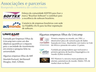 Associações e parcerias Rompendo a fronteira do conhecimento Esforço da comunidade SOFTEX para fixar a marca "Brazilian Software" e contribuir para a excelência do software brasileiro. Consórcio de empresas brasileiras com sede na Filadélfia (EUA) para facilitar exportação de software. Formado por Empresas Filhas da Unicamp tem como um dos objetivos quantificar o impacto para a sociedade do investimento em ensino e pesquisa feito na universidade.  Algumas empresas filhas do MIT Hewlett-Packard, McDonnell Douglas, Intel, Gillette. Algumas empresas filhas da Unicamp Primeira empresa no mundo, em 1993, a desenvolver placa de comunicação de dados baseada em Linux. Atualmente com matriz no Vale do Silício e presente em outros 12 países. Fundada por pesquisadores que realizaram o primeiro genoma de bactéria fitopatogênica no mundo ( Xyllela fastidiosa ). PST Pósitron é a terceira maior produtora de alarmes automotivos do mundo. Detém 70% de market share no Brasil. 