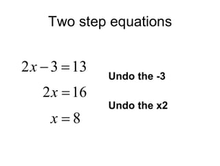 Two step equations Undo the -3 Undo the x2 