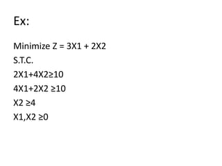 Ex:
Minimize Z = 3X1 + 2X2
S.T.C.
2X1+4X2≥10
4X1+2X2 ≥10
X2 ≥4
X1,X2 ≥0
 