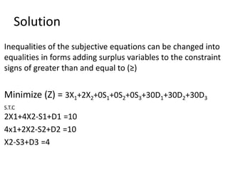 Solution
Inequalities of the subjective equations can be changed into
equalities in forms adding surplus variables to the constraint
signs of greater than and equal to (≥)
Minimize (Z) = 3X1+2X2+0S1+0S2+0S3+30D1+30D2+30D3
S.T.C
2X1+4X2-S1+D1 =10
4x1+2X2-S2+D2 =10
X2-S3+D3 =4
 