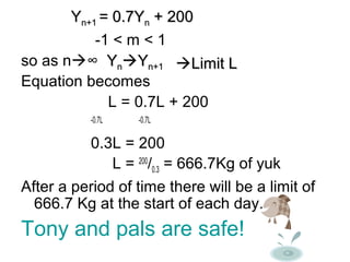 -1 < m < 1
so as n∞
Equation becomes
L = 0.7L + 200
-0.7L -0.7L
0.3L = 200
L = 200
/0.3 = 666.7Kg of yuk
After a period of time there will be a limit of
666.7 Kg at the start of each day.
Tony and pals are safe!
YYnnYYn+1n+1 Limit LLimit L
YYn+1n+1 = 0.7Y= 0.7Ynn + 200+ 200
 