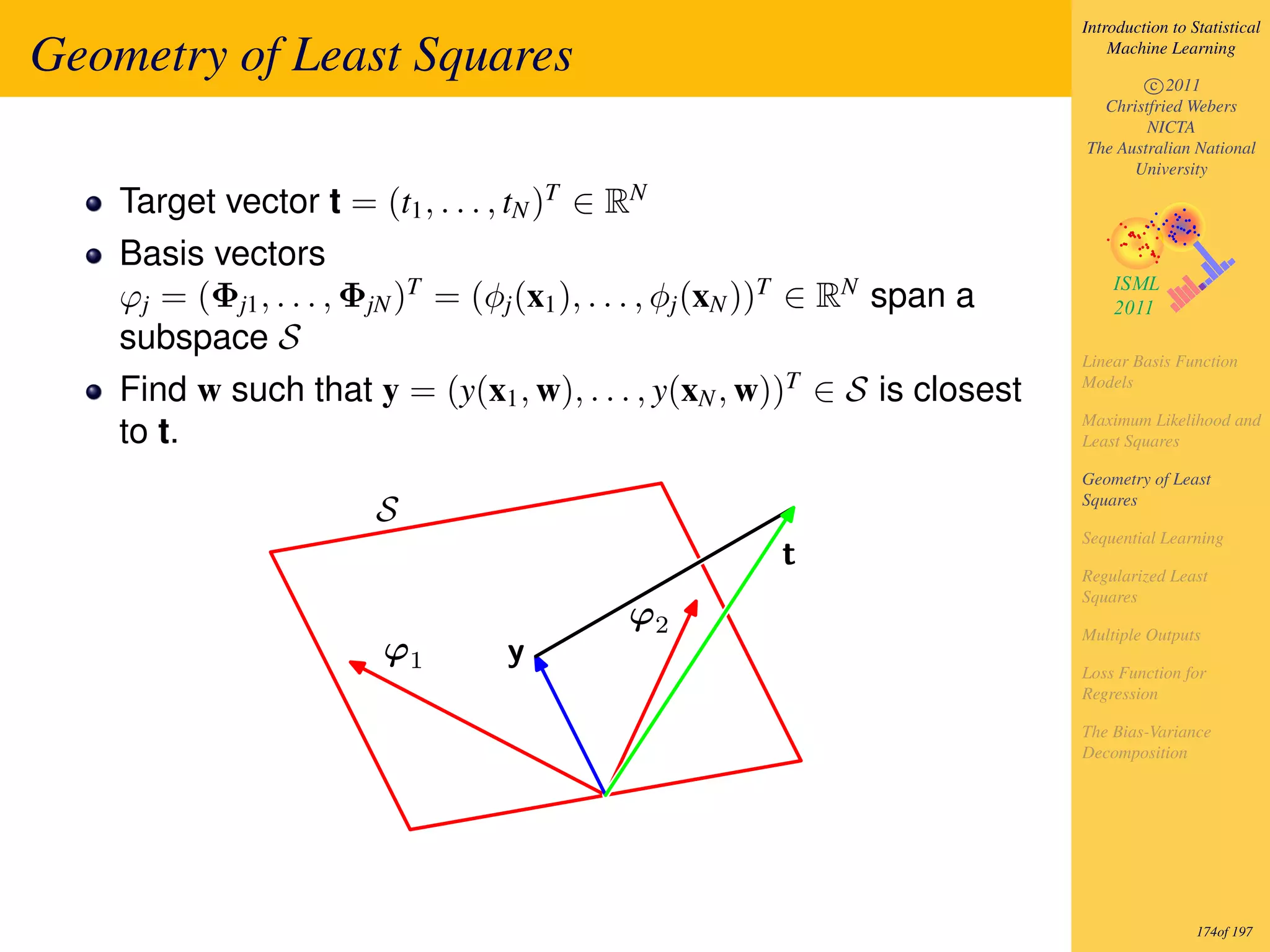 Introduction to Statistical

Geometry of Least Squares                                                        Machine Learning

                                                                                     c 2011
                                                                               Christfried Webers
                                                                                     NICTA
                                                                             The Australian National
                                                                                   University

    Target vector t = (t1 , . . . , tN )T ∈ RN
    Basis vectors
    ϕj = (Φj1 , . . . , ΦjN )T = (φj (x1 ), . . . , φj (xN ))T ∈ RN span a
    subspace S
                                                                             Linear Basis Function
    Find w such that y = (y(x1 , w), . . . , y(xN , w))T ∈ S is closest      Models

                                                                             Maximum Likelihood and
    to t.                                                                    Least Squares

                                                                             Geometry of Least
                                                                             Squares
                        S
                                                                             Sequential Learning
                                                          t                  Regularized Least
                                                                             Squares
                                             ϕ2                              Multiple Outputs
                         ϕ1        y                                         Loss Function for
                                                                             Regression

                                                                             The Bias-Variance
                                                                             Decomposition




                                                                                              174of 197
 