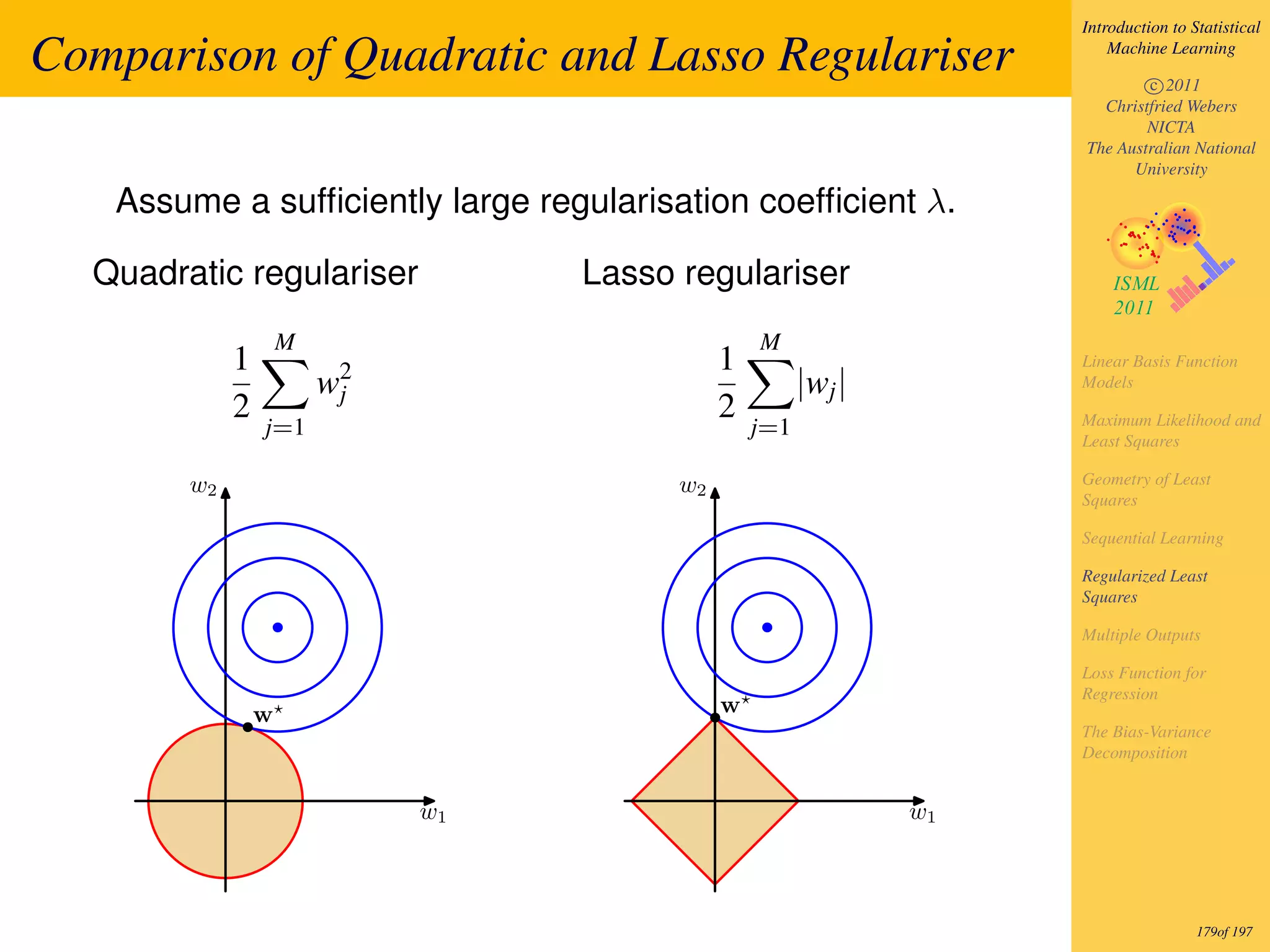 Introduction to Statistical

Comparison of Quadratic and Lasso Regulariser                            Machine Learning

                                                                             c 2011
                                                                       Christfried Webers
                                                                             NICTA
                                                                     The Australian National
                                                                           University

   Assume a sufﬁciently large regularisation coefﬁcient λ.

  Quadratic regulariser            Lasso regulariser
                     M                            M
             1                                1                      Linear Basis Function
                         w2
                          j                             |wj |        Models
             2                                2                      Maximum Likelihood and
                 j=1                              j=1                Least Squares

        w2                               w2                          Geometry of Least
                                                                     Squares

                                                                     Sequential Learning

                                                                     Regularized Least
                                                                     Squares

                                                                     Multiple Outputs

                                                                     Loss Function for
                                                                     Regression
                 w                            w
                                                                     The Bias-Variance
                                                                     Decomposition


                              w1                                w1



                                                                                      179of 197
 