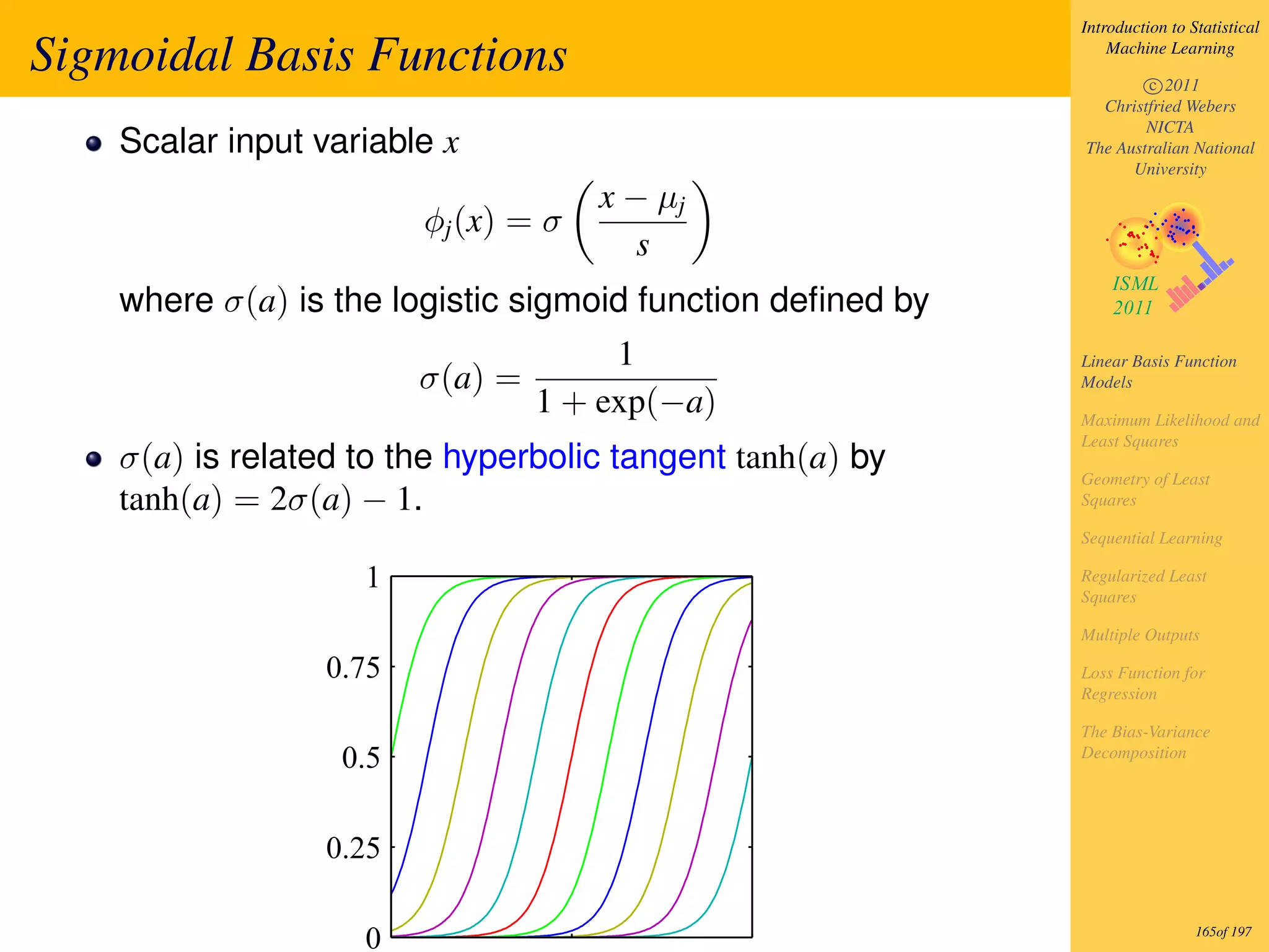 Introduction to Statistical

Sigmoidal Basis Functions                                       Machine Learning

                                                                    c 2011
                                                              Christfried Webers
                                                                    NICTA
    Scalar input variable x                                 The Australian National
                                                                  University
                                      x − µj
                         φj (x) = σ
                                         s
    where σ(a) is the logistic sigmoid function deﬁned by
                                       1                    Linear Basis Function
                         σ(a) =                             Models
                                  1 + exp(−a)               Maximum Likelihood and
                                                            Least Squares
    σ(a) is related to the hyperbolic tangent tanh(a) by    Geometry of Least
    tanh(a) = 2σ(a) − 1.                                    Squares

                                                            Sequential Learning

                    1                                       Regularized Least
                                                            Squares

                                                            Multiple Outputs

                  0.75                                      Loss Function for
                                                            Regression

                                                            The Bias-Variance
                   0.5                                      Decomposition




                  0.25

                    0                                                        165of 197
 