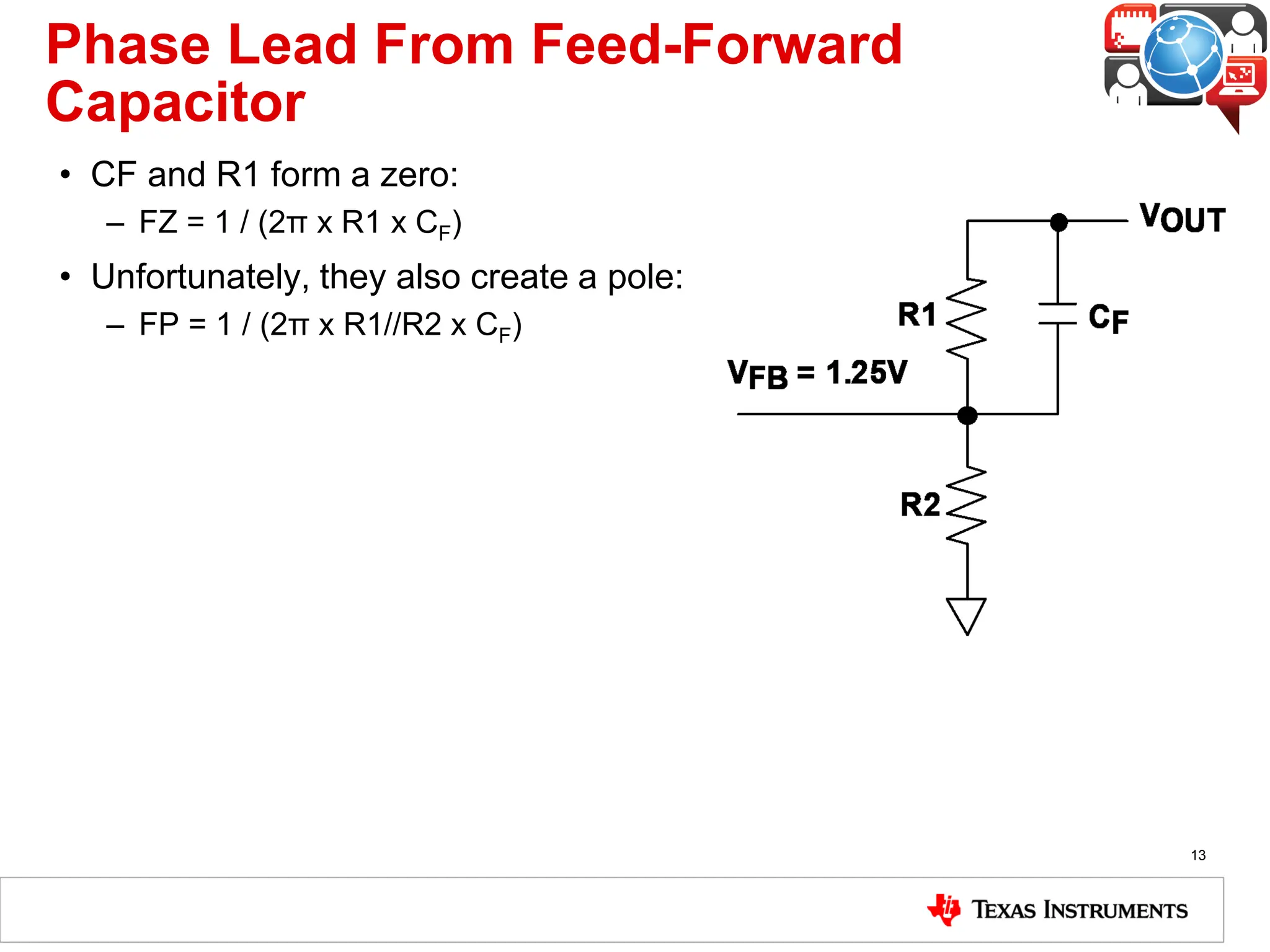 Phase Lead From Feed-Forward
Capacitor
• CF and R1 form a zero:
– FZ = 1 / (2π x R1 x CF)
• Unfortunately, they also create a pole:
– FP = 1 / (2π x R1//R2 x CF)
13
 