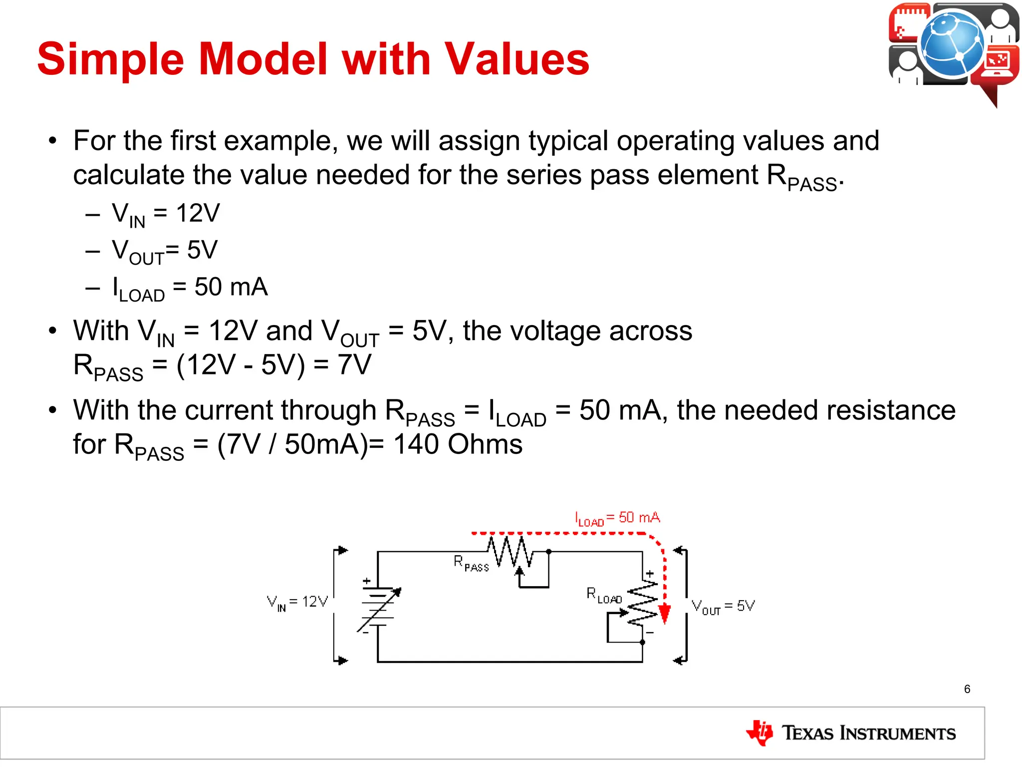 Simple Model with Values
• For the first example, we will assign typical operating values and
calculate the value needed for the series pass element RPASS.
– VIN = 12V
– VOUT= 5V
– ILOAD = 50 mA
• With VIN = 12V and VOUT = 5V, the voltage across
RPASS = (12V - 5V) = 7V
• With the current through RPASS = ILOAD = 50 mA, the needed resistance
for RPASS = (7V / 50mA)= 140 Ohms
6
 