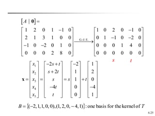 6.25
 
G.-J. E.
1 2 0 1 1 0 1 0 2 0 1 0
2 1 3 1 0 0 0 1 1 0 2 0
1 0 2 0 1 0 0 0 0 1 4 0
0 0 0 2 8 0 0 0 0 0 0 0
A 
 
   
   
 
   


   
 
   
   
0
s t
1
2
3
4
5
2 2 1
2 1 2
1 0
4 0 4
0 1
x s t
x s t
x s t
s
x t
x t
  
       
       

       
       
   
       
 
       
       
     
 
x
  T
B of
kernel
for the
basis
one
:
)
1
,
4
,
0
,
2
,
1
(
),
0
,
0
,
1
,
1
,
2
( 


 