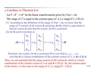 6.30
 Corollary to Theorem 6.4:
)
(
)
(
range
i.e.
,
of
space
column
the
to
equal
is
of
range
The
.
)
(
by
given
n
nsformatio
linear tra
the
be
:
Let
A
CS
T
A
T
A
T
R
R
T m
n


 x
x
(1) According to the definition of the range of T(x) = Ax, we know that the
range of T consists of all vectors b satisfying Ax=b, which is equivalent to
find all vectors b such that the system Ax=b is consistent
(2) Ax=b can be rewritten as
Therefore, the system Ax=b is consistent iff we can find (x1, x2,…, xn)
such that b is a linear combination of the column vectors of A, i.e.
11 12 1
21 22 2
1 2
1 2
n
n
n
m m mn
a a a
a a a
A x x x
a a a
     
     
     
    
     
     
     
x b
Thus, we can conclude that the range consists of all vectors b, which is a linear
combination of the column vectors of A or said . So, the column space
of the matrix A is the same as the range of T, i.e. range(T) = CS(A)
( )
CS A

b
( )
CS A

b
 