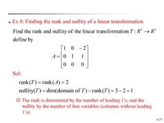 6.37
 Ex 8: Finding the rank and nullity of a linear transformation









 


0
0
0
1
1
0
2
0
1
by
define
:
n
nsformatio
linear tra
the
of
nullity
and
rank
the
Find 3
3
A
R
R
T
Sol:
1
2
3
)
(
rank
)
of
domain
dim(
)
(
nullity
2
)
(
rank
)
(
rank







T
T
T
A
T
※ The rank is determined by the number of leading 1’s, and the
nullity by the number of free variables (columns without leading
1’s)
 