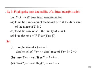 6.38
 Ex 9: Finding the rank and nullity of a linear transformation
5 7
Let : be a linear transformation
(a) Find the dimension of the kernel of if the dimension
of the range of is 2
(b) Find the rank of if the nullity of is 4
(c) Find the rank of if ke
T R R
T
T
T T
T

r( ) { }
T  0
Sol:
(a) dim(domain of ) 5
dim(kernel of ) dim(range of ) 5 2 3
T n
T n T
 
    
(b) rank( ) nullity( ) 5 4 1
T n T
    
(c) rank( ) nullity( ) 5 0 5
T n T
    
 