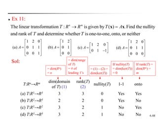 6.44
 Ex 11:
The linear transformation : is given by ( ) .Find the nullity
and rank of and determine whether is one-to-one, onto, or neither
n m
T R R T A
T T
 
x x
1 2 0
(a) 0 1 1
0 0 1
A
 
 
  
 
 
1 2
(b) 0 1
0 0
A
 
 
  
 
 
1 2 0
(c)
0 1 1
A
 
  

 
1 2 0
(d) 0 1 1
0 0 0
A
 
 
  
 
 
Sol:
T:Rn→Rm dim(domain
of T) (1)
rank(T)
(2)
nullity(T) 1-1 onto
(a) T:R3→R3 3 3 0 Yes Yes
(b) T:R2→R3 2 2 0 Yes No
(c) T:R3→R2 3 2 1 No Yes
(d) T:R3→R3 3 2 1 No No
= dim(range
of T)
= # of
leading 1’s
= (1) – (2) =
dim(ker(T))
If nullity(T)
= dim(ker(T))
= 0
If rank(T) =
dim(Rm) =
m
= dim(Rn)
= n
 
