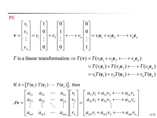 6.52
Pf:
1
2
1 2 1 1 2 2
1 0 0
0 1 0
0 0 1
n n n
n
v
v
v v v v v v
v
       
       
       
        
       
       
     
 
v e e e
1 1 2 2
1 1 2 2
1 1
is a linear transformation ( ) ( )
( ) ( ) ( )
( )
n n
n n
T T T v v v
T v T v T v
v T
    
   
 
v e e e
e e e
e 2 2
( ) ( )
n n
v T v T
 
e e















































n
mn
m
m
n
n
n
n
n
mn
m
m
n
n
v
a
v
a
v
a
v
a
v
a
v
a
v
a
v
a
v
a
v
v
v
a
a
a
a
a
a
a
a
a
A












2
2
1
1
2
2
22
1
21
1
2
12
1
11
2
1
2
1
2
22
21
1
12
11
v
 
1 2
If ( ) ( ) ( ) , then
n
A T T T
 e e e
 
