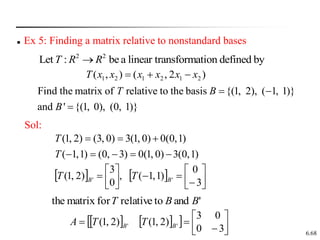 6.68
 Ex 5: Finding a matrix relative to nonstandard bases
2 2
Let : bea linear transformation defined by
T R R

)
2
,
(
)
,
( 2
1
2
1
2
1 x
x
x
x
x
x
T 


Find the matrix of relative to the basis {(1, 2), ( 1, 1)}
and ' {(1, 0), (0, 1)}
T B
B
 

Sol:
)
1
,
0
(
3
)
0
,
1
(
0
)
3
,
0
(
)
1
,
1
(
)
1
,
0
(
0
)
0
,
1
(
3
)
0
,
3
(
)
2
,
1
(








T
T
    















3
0
)
1
,
1
(
,
0
3
)
2
,
1
( '
' B
B T
T
'
and
to
relative
for
matrix
the B
B
T
   
  








3
0
0
3
)
2
,
1
(
)
2
,
1
( '
' B
B T
T
A
 