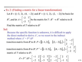 6.76
 Ex 2: (Finding a matrix for a linear transformation)
Sol:
2 2 2
Let {( 3, 2), (4, 2)} and ' {( 1, 2), (2, 2)}be basis for
2 7
, and let be the matrix for : relative to .
3 7
Find the matrix of relative to '
B B
R A T R R B
T B
     

 
 
 

 
   
  











1
2
2
3
)
2
,
2
(
)
2
,
1
(
:
to
'
from
matrix
transition B
B
P
B
B
   
  












3
2
2
1
)
2
,
4
(
)
2
,
3
(
:
'
to
from
matrix
transition '
'
1
B
B
P
B
B

































 
3
1
1
2
1
2
2
3
7
3
7
2
3
2
2
1
'
:
'
to
relative
of
matrix
1
AP
P
A
B
T
Because the specific function is unknown, it is difficult to apply
the direct method to derive A’, so we resort to the indirect
method where A’ = P-1AP
 