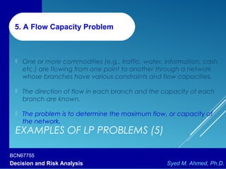 BCN67755
Decision and Risk Analysis Syed M. Ahmed, Ph.D.
EXAMPLES OF LP PROBLEMS (5)
 One or more commodities (e.g., traffic, water, information, cash,
etc.) are flowing from one point to another through a network
whose branches have various constraints and flow capacities.
 The direction of flow in each branch and the capacity of each
branch are known.
 The problem is to determine the maximum flow, or capacity of
the network.
5. A Flow Capacity Problem
 
