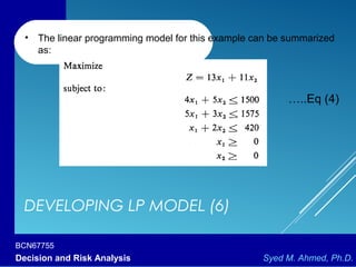 BCN67755
Decision and Risk Analysis Syed M. Ahmed, Ph.D.
DEVELOPING LP MODEL (6)
• The linear programming model for this example can be summarized
as:
…..Eq (4)
 