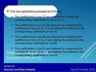 BCN67755
Decision and Risk Analysis Syed M. Ahmed, Ph.D.
SIMPLEX TABLEAU FOR
MAXIMIZATION (5)
 The row operations proceed as fo1lows:
 The coefficients in row C2 are obtained by dividing the
corresponding coefficients in row C1 by 5.
 The coefficients in row A2 are obtained by multiplying the
coefficients of row C2 by 13 and adding the products to the
corresponding coefficients in row Al.
 The coefficients in row B2 are obtained by multiplying the
coefficients of row C2 by -4 and adding the products to the
corresponding coefficients in row Bl.
 The coefficients in row D2 are obtained by multiplying the
coefficients of row C2 by -1 and adding the products to the
corresponding coefficients in row Dl.
 
