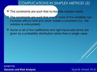 BCN67755
Decision and Risk Analysis Syed M. Ahmed, Ph.D.
COMPLICATIONS IN SIMPLEX METHOD (2)
 The constraints are such that no feasible solution exists.
 The constraints are such that one or more of the variables can
increase without limit and never violate a constraint (i.e., the
solution is unbounded).
 Some or all of the coefficients and right-hand-side terms are
given by a probability distribution rather than a single value.
 