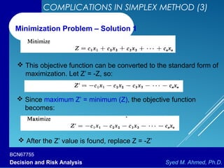 BCN67755
Decision and Risk Analysis Syed M. Ahmed, Ph.D.
COMPLICATIONS IN SIMPLEX METHOD (3)
 This objective function can be converted to the standard form of
maximization. Let Z’ = -Z, so:
Minimization Problem – Solution 1
 Since maximum Z’ = minimum (Z), the objective function
becomes:
 After the Z’ value is found, replace Z = -Z’
 