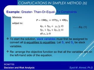 BCN67755
Decision and Risk Analysis Syed M. Ahmed, Ph.D.
COMPLICATIONS IN SIMPLEX METHOD (6)
Example: Greater- Than-Or-Equal- To Constraints
 To start the solution, slack variables must first be assigned to
convert all in-equalities to equalities. Let S1 and S2 be slack
variables.
 Re- arrange the objective function so that all the variables are on
the left-hand side of the equation.
…….Eq. (1)
 