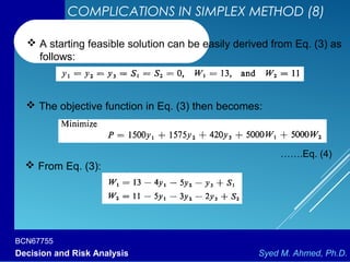 BCN67755
Decision and Risk Analysis Syed M. Ahmed, Ph.D.
COMPLICATIONS IN SIMPLEX METHOD (8)
 A starting feasible solution can be easily derived from Eq. (3) as
follows:
 The objective function in Eq. (3) then becomes:
 From Eq. (3):
…….Eq. (4)
 