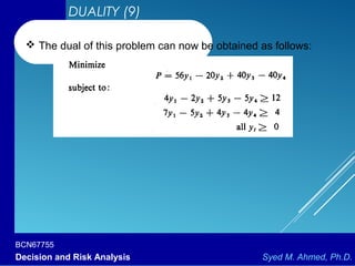 BCN67755
Decision and Risk Analysis Syed M. Ahmed, Ph.D.
DUALITY (9)
 The dual of this problem can now be obtained as follows:
 