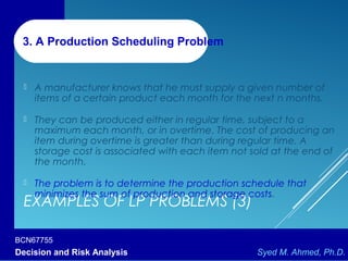 BCN67755
Decision and Risk Analysis Syed M. Ahmed, Ph.D.
EXAMPLES OF LP PROBLEMS (3)
 A manufacturer knows that he must supply a given number of
items of a certain product each month for the next n months.
 They can be produced either in regular time, subject to a
maximum each month, or in overtime. The cost of producing an
item during overtime is greater than during regular time. A
storage cost is associated with each item not sold at the end of
the month.
 The problem is to determine the production schedule that
minimizes the sum of production and storage costs.
3. A Production Scheduling Problem
 