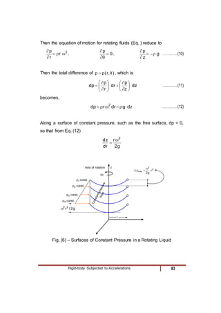 Rigid-body Subjected to Accelerations 83
Then the equation of motion for rotating fluids (Eq. ) reduce to
2
r
r
p





, 0
p




, g
z
p





……..…. (10)
Then the total difference of )
,
r
(
p
p 
 , which is
dz
z
p
dr
r
p
dp 




















 ……..…. (11)
becomes,
dz
g
dr
r
dp 2





 ……..…. (12)
Along a surface of constant pressure, such as the free surface, dp = 0,
so that from Eq. (12)
g
2
r
r
d
z
d 2



r
.
const
p1
.
const
p2
.
const
p3
z
.
const
p4
C
o
n
s
t
a
n
t
p
r
e
s
s
u
r
e
l
i
n
e
s
g
2
/
r2
2

Axis of rotation
2
2
max r
g
2
z 



Fig. (6) – Surfaces of Constant Pressure in a Rotating Liquid
 