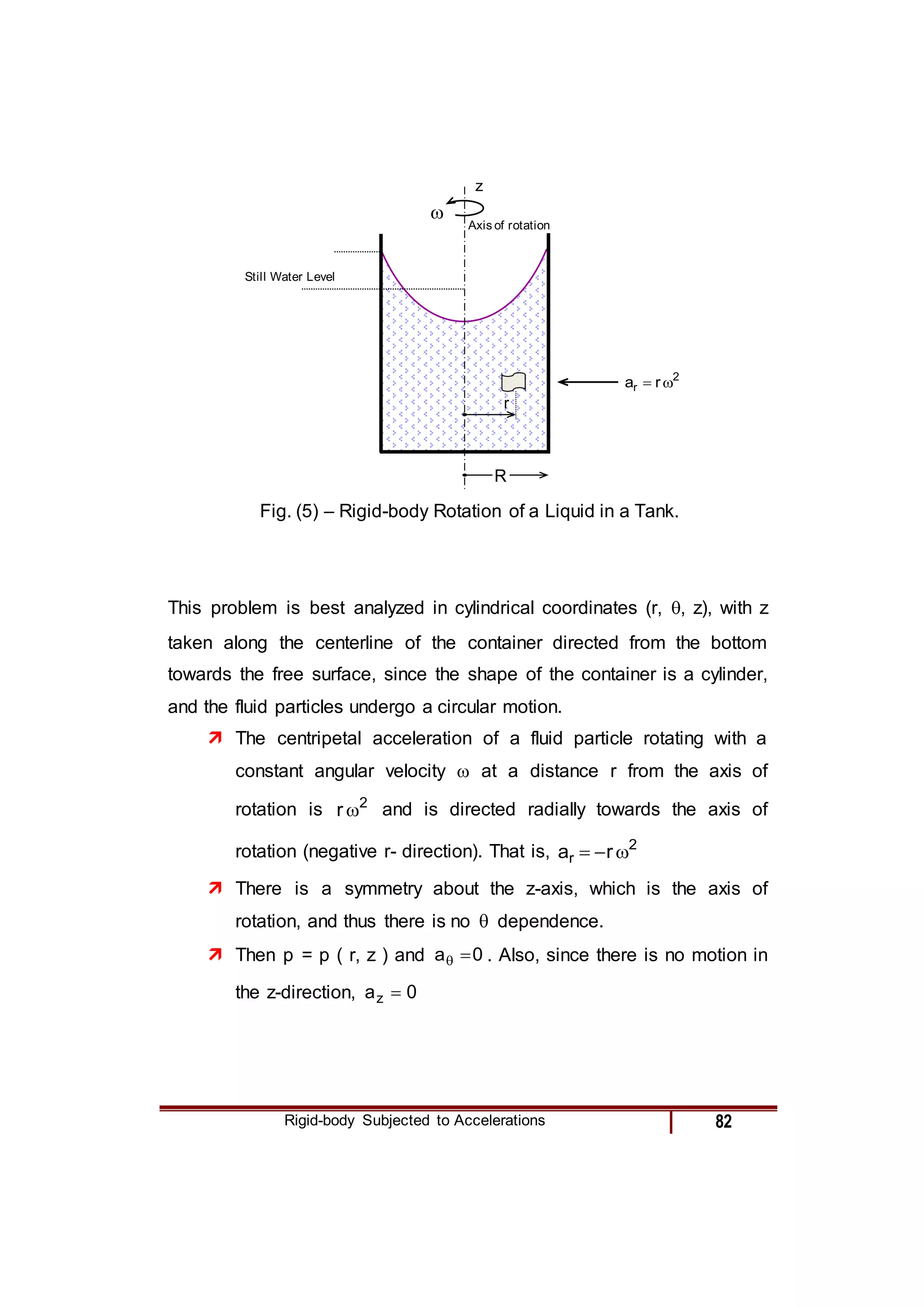 Rigid-body Subjected to Accelerations 82
2
r r
a 

Still Water Level

r
Axis of rotation
R
Fig. ( ) – Rigid-body Rotation of a Liquid in a Tank.
z
Fig. (5) – Rigid-body Rotation of a Liquid in a Tank.
This problem is best analyzed in cylindrical coordinates (r, , z), with z
taken along the centerline of the container directed from the bottom
towards the free surface, since the shape of the container is a cylinder,
and the fluid particles undergo a circular motion.
 The centripetal acceleration of a fluid particle rotating with a
constant angular velocity  at a distance r from the axis of
rotation is 2
r  and is directed radially towards the axis of
rotation (negative r- direction). That is, 2
r r
a 


 There is a symmetry about the z-axis, which is the axis of
rotation, and thus there is no  dependence.
 Then p = p ( r, z ) and 0
a 
 . Also, since there is no motion in
the z-direction, 0
az 
 