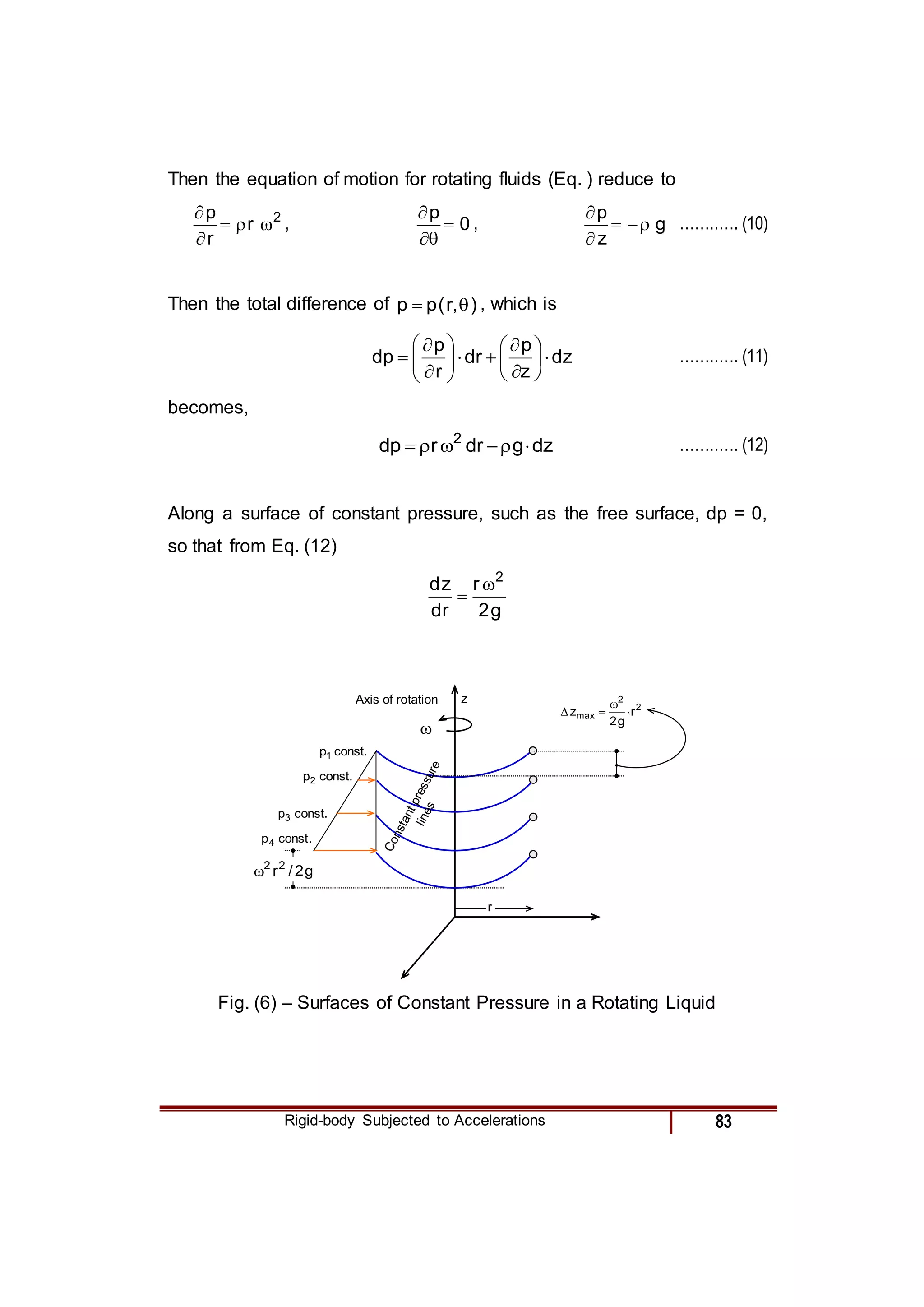 Rigid-body Subjected to Accelerations 83
Then the equation of motion for rotating fluids (Eq. ) reduce to
2
r
r
p





, 0
p




, g
z
p





……..…. (10)
Then the total difference of )
,
r
(
p
p 
 , which is
dz
z
p
dr
r
p
dp 




















 ……..…. (11)
becomes,
dz
g
dr
r
dp 2





 ……..…. (12)
Along a surface of constant pressure, such as the free surface, dp = 0,
so that from Eq. (12)
g
2
r
r
d
z
d 2



r
.
const
p1
.
const
p2
.
const
p3
z
.
const
p4
C
o
n
s
t
a
n
t
p
r
e
s
s
u
r
e
l
i
n
e
s
g
2
/
r2
2

Axis of rotation
2
2
max r
g
2
z 



Fig. (6) – Surfaces of Constant Pressure in a Rotating Liquid
 