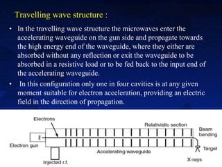 Travelling wave structure :
• In the travelling wave structure the microwaves enter the
accelerating waveguide on the gun side and propagate towards
the high energy end of the waveguide, where they either are
absorbed without any reflection or exit the waveguide to be
absorbed in a resistive load or to be fed back to the input end of
the accelerating waveguide.
• In this configuration only one in four cavities is at any given
moment suitable for electron acceleration, providing an electric
field in the direction of propagation.
Linear Accelerators 20
 