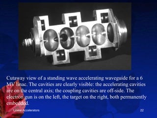 Linear Accelerators 22
Cutaway view of a standing wave accelerating waveguide for a 6
MV linac. The cavities are clearly visible: the accelerating cavities
are on the central axis; the coupling cavities are off-side. The
electron gun is on the left, the target on the right, both permanently
embedded.
 