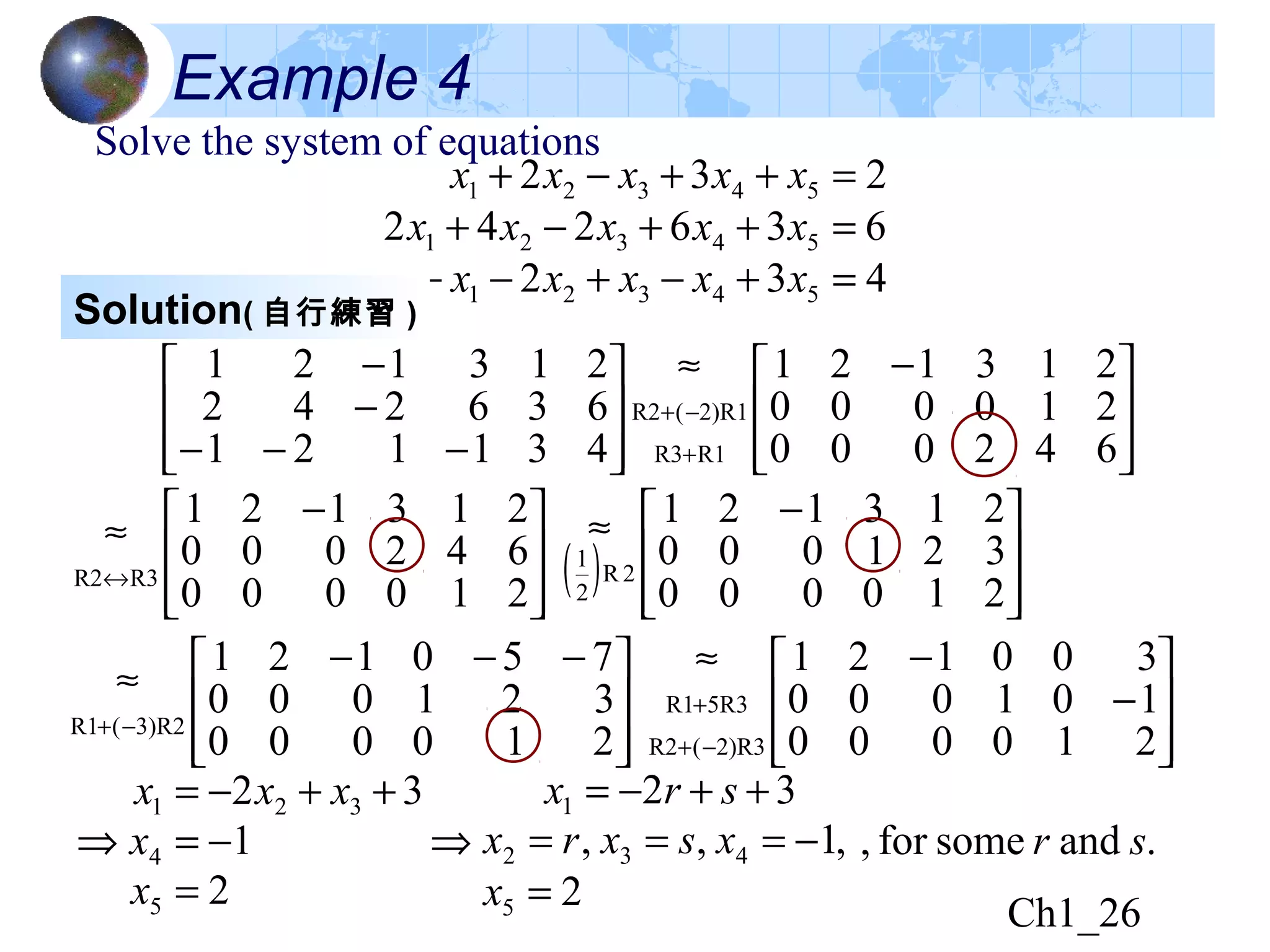 Ch1_26
Example 4
Solve the system of equations
432
636242
232
54321
54321
54321
=+−+−−
=++−+
=++−+
xxxxx
xxxxx
xxxxx
Solution( 自行練習 )







 −≈








−−−
−
−
+
−+
642000
210000
213121
431121
636242
213121
R1R3
2)R1(R2







 −
≈
↔
210000
642000
213121
R3R2 ( ) 






 −≈
210000
321000
213121
2R
2
1







 −−−
≈
−+
210000
321000
750121
3)R2(R1








−
−≈
−+
+
210000
101000
300121
2)R3(R2
5R3R1
.andsomefor,
2
,1,,
32
2
1
32
5
432
1
5
4
321
sr
x
xsxrx
srx
x
x
xxx
=
−===
++−=
⇒
=
−=
++−=
⇒
 