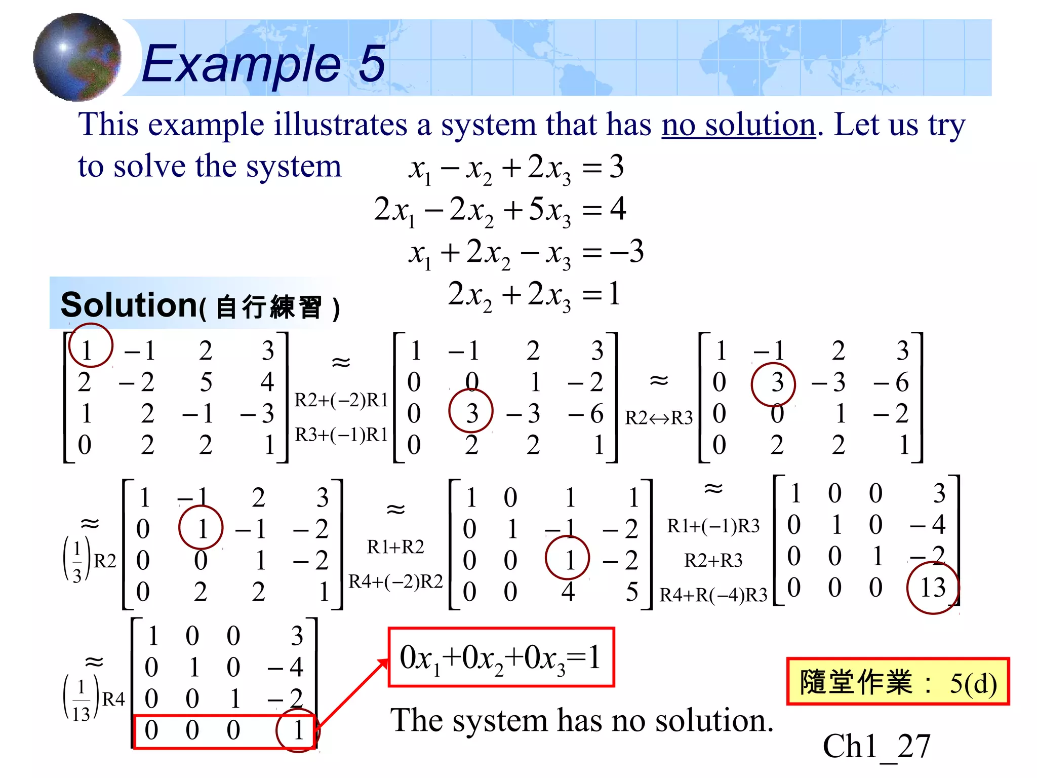 Ch1_27
Example 5
This example illustrates a system that has no solution. Let us try
to solve the system
122
32
4522
32
32
321
321
321
=+
−=−+
=+−
=+−
xx
xxx
xxx
xxx
Solution( 自行練習 )








≈
−
−−
−
↔
1220
2100
6330
3211
R3R2
( ) 







≈
−
−−
−
1220
2100
2110
3211
R2
3
1







≈
−
−−
−+
+
5400
2100
2110
1101
2)R2(R4
R2R1







≈
−
−
−+
+
−+
13000
2100
4010
3001
4)R3R(R4
R3R2
1)R3(R1
( ) 







≈
−
−
1000
2100
4010
3001
R4
13
1
The system has no solution.







≈








−−
−
−
−−
−
−
−+
−+
1220
6330
2100
3211
1220
3121
4522
3211
1)R1(R3
2)R1(R2
0x1+0x2+0x3=1
隨堂作業： 5(d)
 