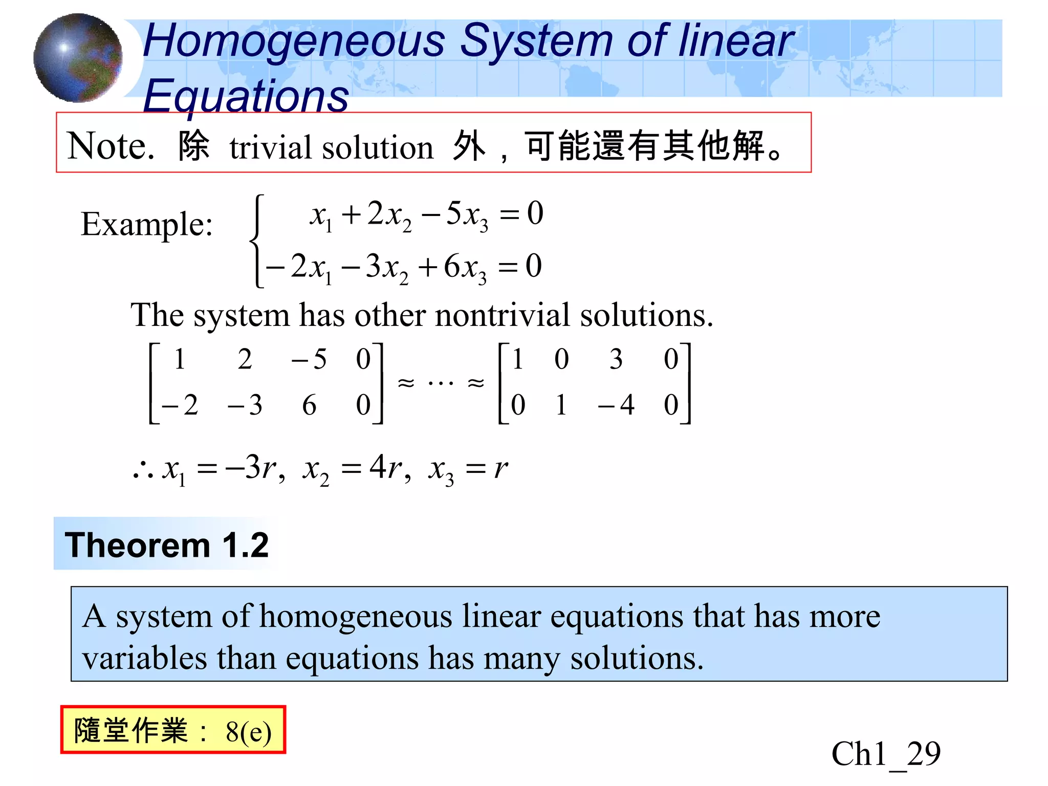 Ch1_29
Homogeneous System of linear
Equations
Theorem 1.2
A system of homogeneous linear equations that has more
variables than equations has many solutions.
Note. 除 trivial solution 外，可能還有其他解。
隨堂作業： 8(e)






−
≈≈





−−
−
0410
0301
0632
0521




=+−−
=−+
0632
052
321
321
xxx
xxx
The system has other nontrivial solutions.
rxrxrx ==−=∴ 321 ,4,3
Example:
 