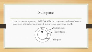 Subspace
• Let v be a vector space over field F & M be the non-empty subset of vector
space then M is called Subspace . if m is a vector space over field F.
Vector Space
Vector Space
Subspace
V
M
 