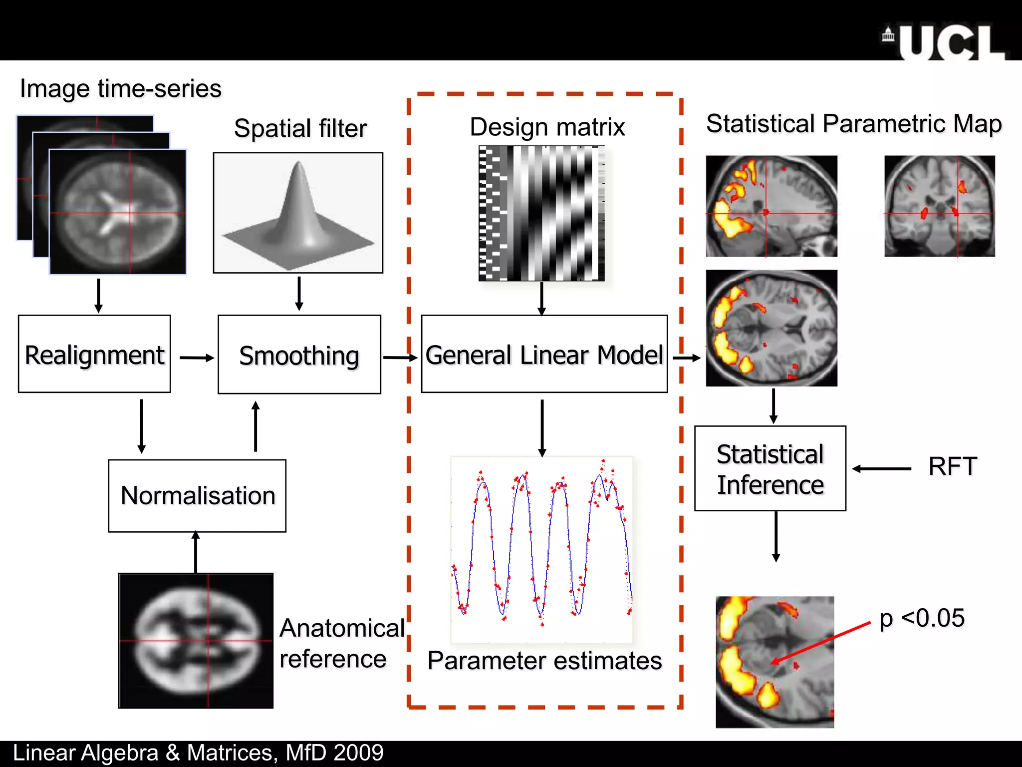 Normalisation
Statistical Parametric Map
Image time-series
Parameter estimates
General Linear Model
Realignment Smoothing
Design matrix
Anatomical
reference
Spatial filter
Statistical
Inference
RFT
p <0.05
Linear Algebra & Matrices, MfD 2009
 