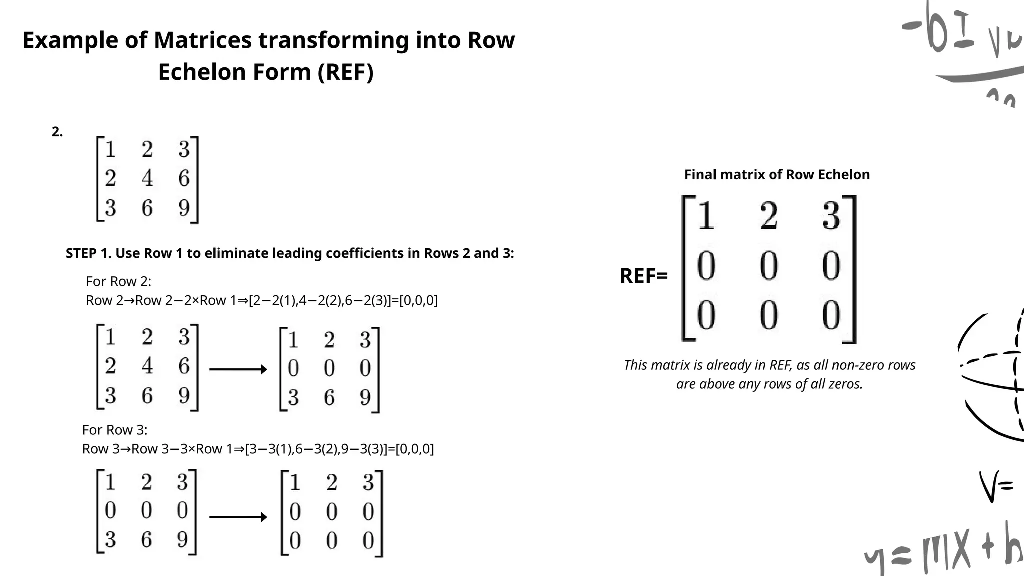 Example of Matrices transforming into Row
Echelon Form (REF)
2.
STEP 1. Use Row 1 to eliminate leading coefficients in Rows 2 and 3:
For Row 2:
Row 2 Row 2 2×Row 1 [2 2(1),4 2(2),6 2(3)]=[0,0,0]
→ − ⇒ − − −
For Row 3:
Row 3 Row 3 3×Row 1 [3 3(1),6 3(2),9 3(3)]=[0,0,0]
→ − ⇒ − − −
Final matrix of Row Echelon
Form
REF=
This matrix is already in REF, as all non-zero rows
are above any rows of all zeros.
 