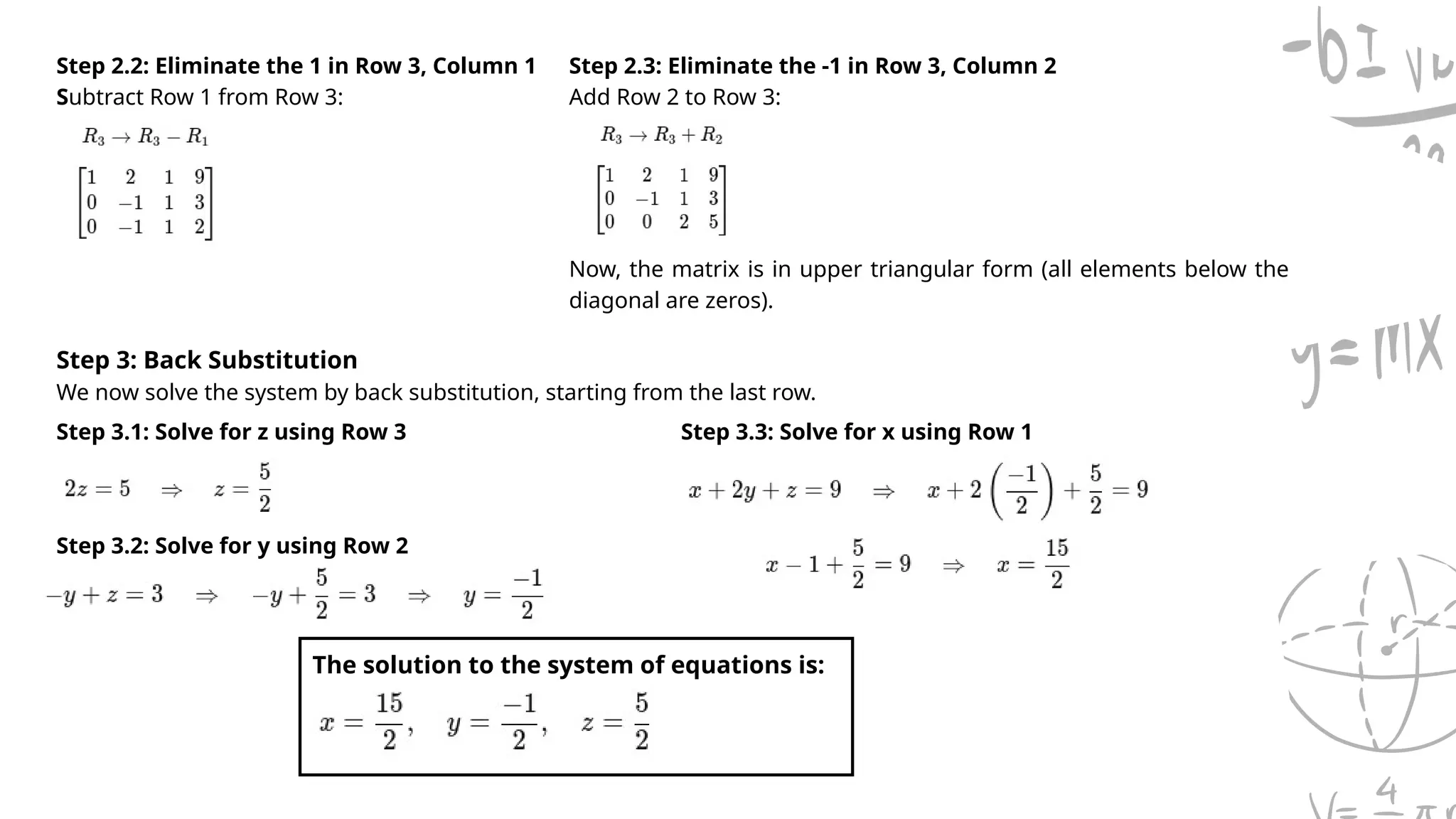 Step 2.2: Eliminate the 1 in Row 3, Column 1
Subtract Row 1 from Row 3:
Step 2.3: Eliminate the -1 in Row 3, Column 2
Add Row 2 to Row 3:
Now, the matrix is in upper triangular form (all elements below the
diagonal are zeros).
Step 3: Back Substitution
We now solve the system by back substitution, starting from the last row.
Step 3.1: Solve for z using Row 3
Step 3.2: Solve for y using Row 2
Step 3.3: Solve for x using Row 1
The solution to the system of equations is:
 