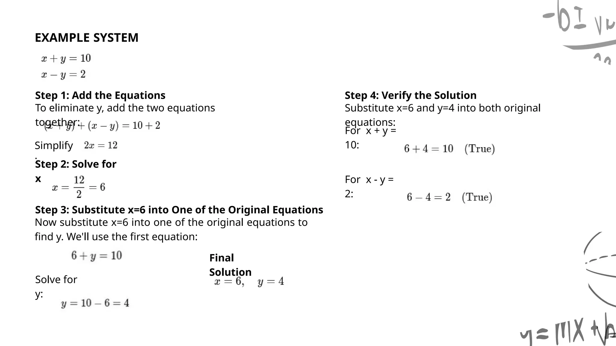 EXAMPLE SYSTEM
Step 1: Add the Equations
Simplify
:
To eliminate y, add the two equations
together:
Step 2: Solve for
x
Step 3: Substitute x=6 into One of the Original Equations
Solve for
y:
Now substitute x=6 into one of the original equations to
find y. We'll use the first equation:
Final
Solution
Step 4: Verify the Solution
Substitute x=6 and y=4 into both original
equations:
For x + y =
10:
For x - y =
2:
 