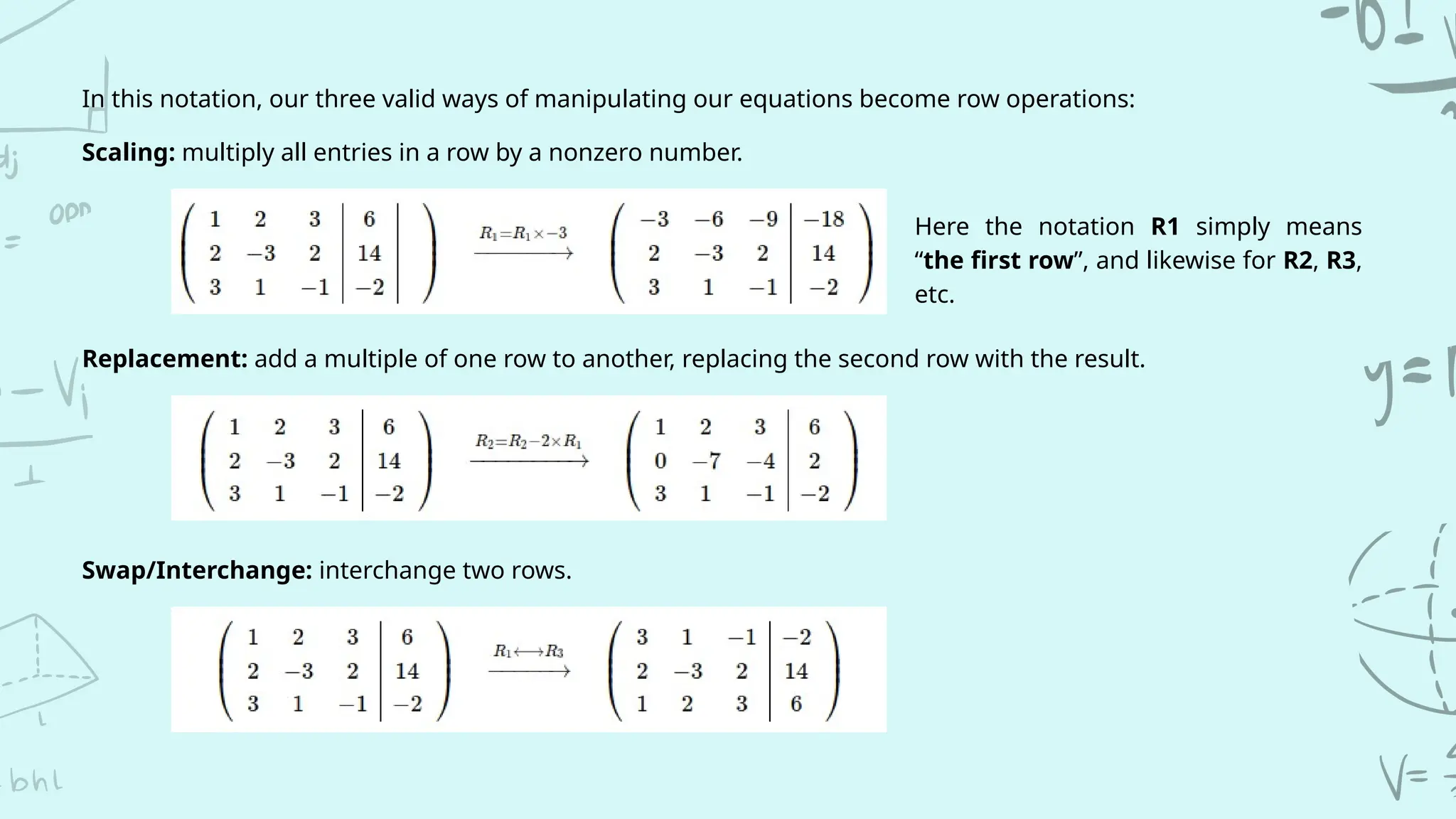 In this notation, our three valid ways of manipulating our equations become row operations:
Scaling: multiply all entries in a row by a nonzero number.
Here the notation R1 simply means
“the first row”, and likewise for R2, R3,
etc.
Replacement: add a multiple of one row to another, replacing the second row with the result.
Swap/Interchange: interchange two rows.
 