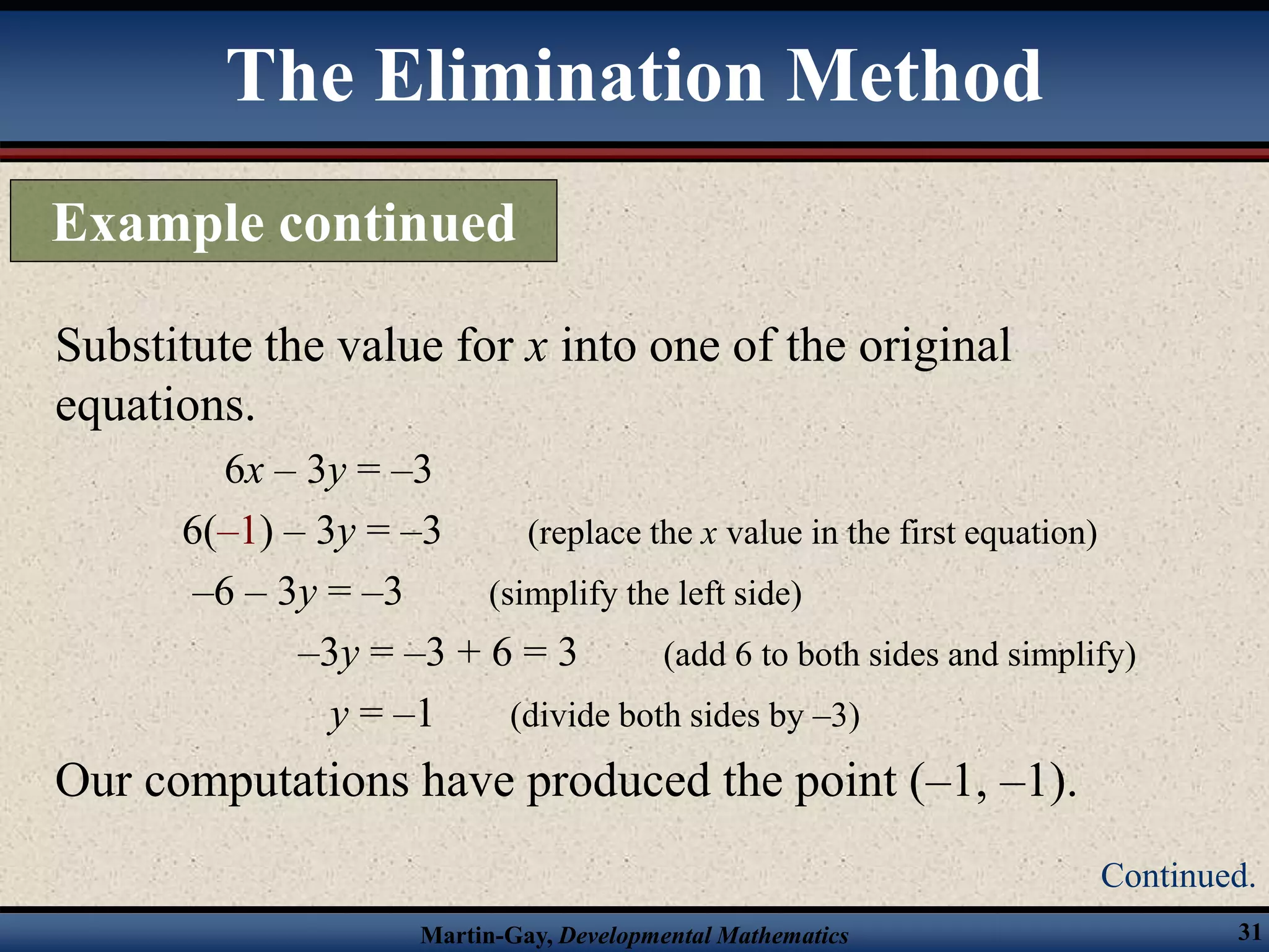 Martin-Gay, Developmental Mathematics 31
Substitute the value for x into one of the original
equations.
6x – 3y = –3
6(–1) – 3y = –3 (replace the x value in the first equation)
–6 – 3y = –3 (simplify the left side)
–3y = –3 + 6 = 3 (add 6 to both sides and simplify)
y = –1 (divide both sides by –3)
Our computations have produced the point (–1, –1).
The Elimination Method
Example continued
Continued.
 